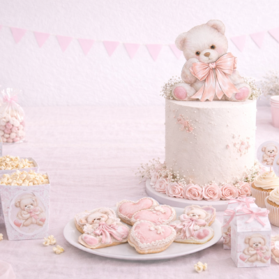 Mesa decorada com bolo, cupcakes, bolachas, pipocas e embalagens temáticas em rosa com ursinhos