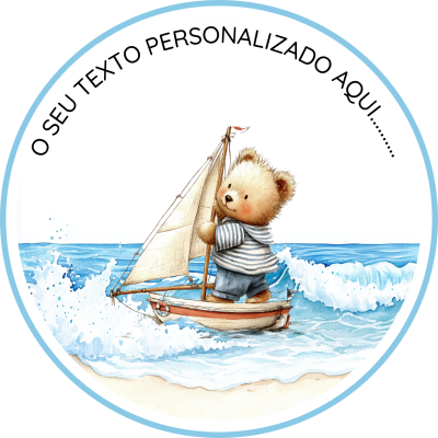 Urso num barco de vela no mar com texto personalizável em imagem circular
