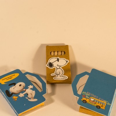 embalagens de cartão com desenhos do Snoopy e texto em azul e castanho