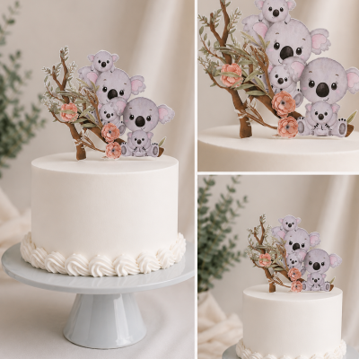 Topo de bolo Little Koala premium para festa Wild One em tons neutros