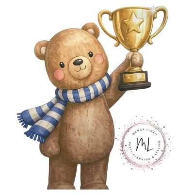 Ilustração de urso de pelúcia com cachecol azul e branco a segurar troféu dourado