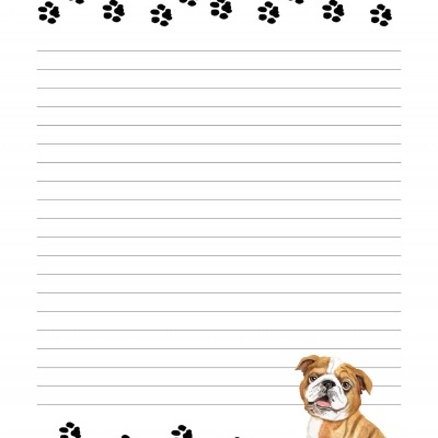 Papel de carta com linhas azuis, pegadas negras e desenho de cão buldogue castanho e branco
