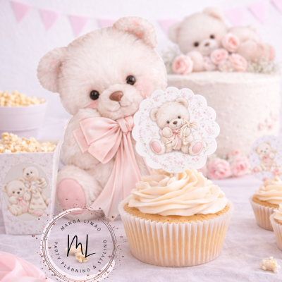Decoração festa ursinho peluche laço rosa cupcakes bolo flores pipoca