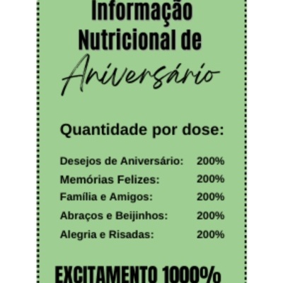 Cartão verde claro com texto preto sobre informação nutricional de aniversário e porcentagens.
