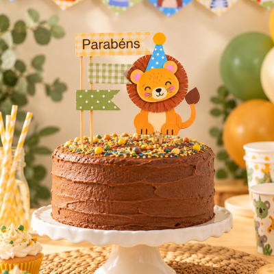 Bolo de chocolate decorado com topper de leão e bandeiras com texto Parabéns