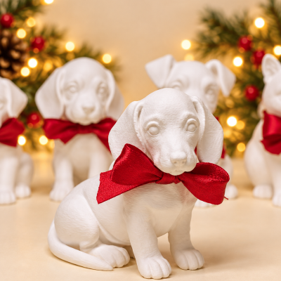 Figuras decorativas de cães brancos com laços vermelhos em superfície clara e fundo com luzes e ramos de pinheiro