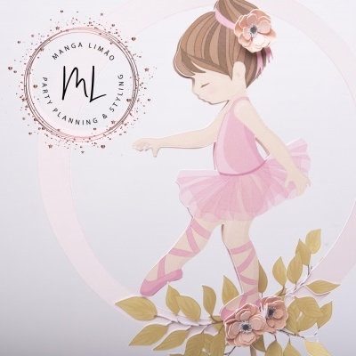 Desenho de menina bailarina cor-de-rosa com flores e folhas douradas