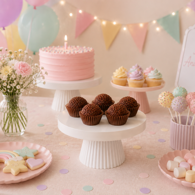 Mesa com bolo cor-de-rosa, brigadeiros, cupcakes, cake pops e biscoitos em decoração de festa de aniversário