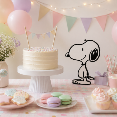 Mesa de festa com bolo branco, cupcakes, macaroons, balões e decoração do Snoopy.