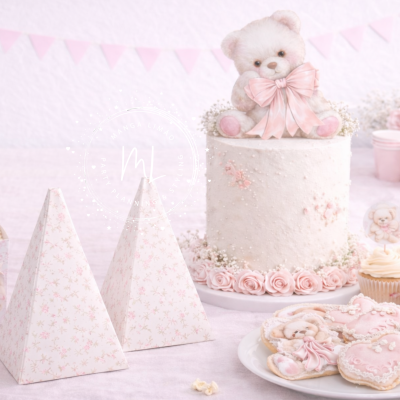 Bolo decorado com ursinho branco, flores rosas e bolachas decoradas em mesa cor-de-rosa