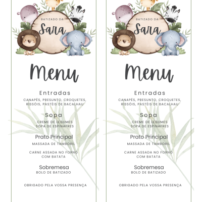 Menu batizado Sara com animais ilustrados e texto do menu em português