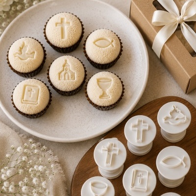 Cupcakes decorados com símbolos religiosos em relevo e carimbos para decoração em fundo claro