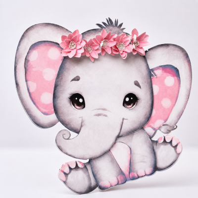 Bandeirola personalizada Elefante Rosa com letra decorativa e elefante com balões nas extremidades,