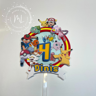 Topo de bolo Pokémon número 4 com nome Dinis em papel/cartão