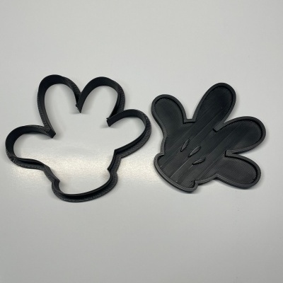 Dois cortadores de bolachas pretos em forma de mão cartoon numa superfície branca