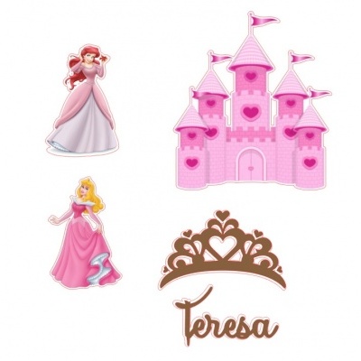 Autocolantes de princesas, castelo cor-de-rosa e coroa com nome Teresa