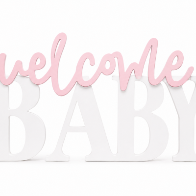 Letreiro decorativo com as palavras welcome BABY em rosa e branco