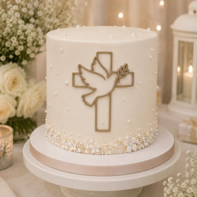 Bolo branco decorado com cruz dourada e pomba, pérolas e flores brancas, sobre suporte branco com fita bege