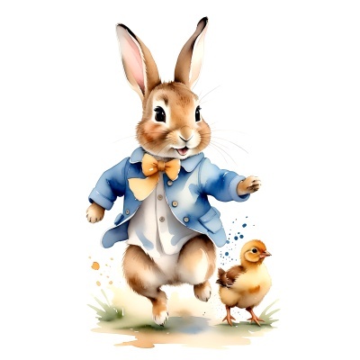 Ilustração de coelho com casaco azul e pintainho amarelo