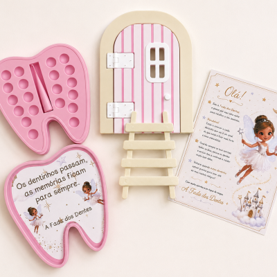 Porta e acessórios para guardar dentes de leite com tema de fada dos dentes