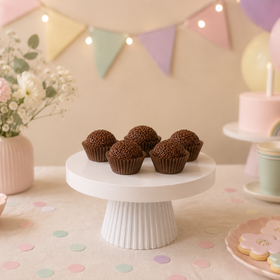 Cinco brigadeiros de chocolate sobre base branca, com decoração festiva e flores ao fundo.