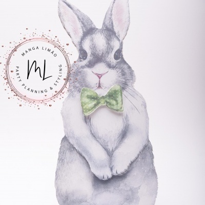 Desenho de coelho com gravata borboleta verde e logotipo MANGA LIMÃO PARTY PLANNING & STYLING