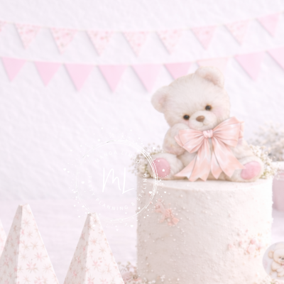 Bolo branco decorado com ursinho de peluche e bandeirolas cor-de-rosa.