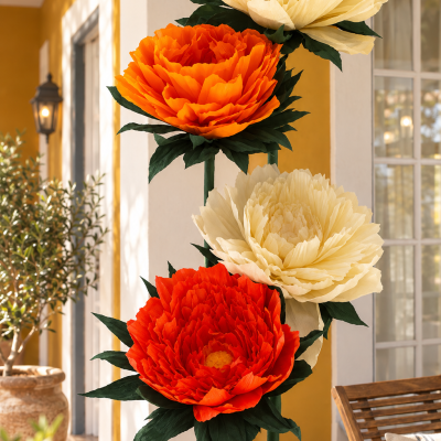 Arranjo decorativo com flores grandes laranja e creme em vaso rústico numa varanda amarela