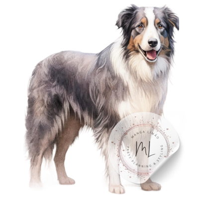 Ilustração digital de cão pastor australiano cinza, branco e castanho com selo translúcido