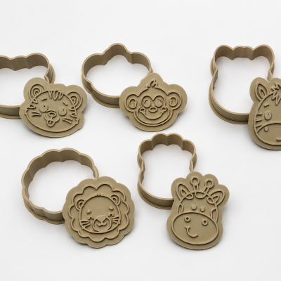 Conjunto de 5 cortantes e carimbos para bolachas tema Safari Baby com leão, girafa, macaco, zebra e