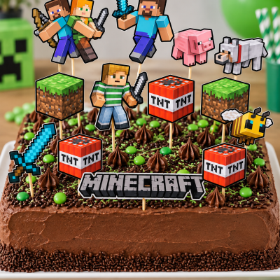 Bolo de chocolate com decorações Minecraft em papel