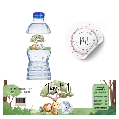 Garrafa de água personalizada com tema safari, ilustrada com animais e texto em português