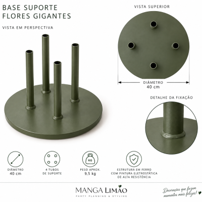 Base suporte verde para flores gigantes com quatro tubos de suporte e base redonda