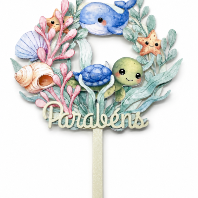 Topper decorativo para bolos com animais marinhos e a palavra Parabéns.