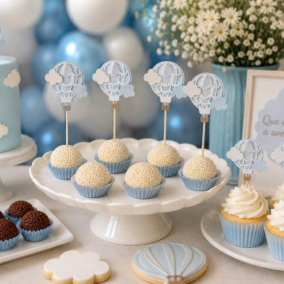 Doces e decoração de festa em azul e branco com tema de balão de ar quente e nuvens