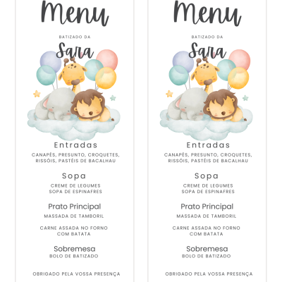 Menus para batizado com animais e balões coloridos