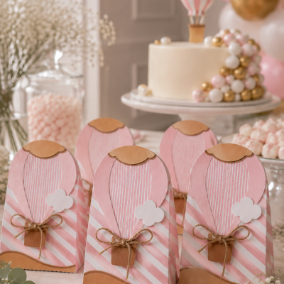 Caixas de papel rosa com decoração de balão de ar quente numa mesa de festa decorada.