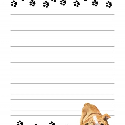 Folha de papel pautado com pegadas de patas e um cão bulldogue