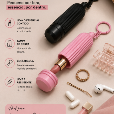 Mini recipiente porta-tudo preto e rosa com argola e tampa de rosca, rodeado por maquilhagem e acessórios, texto promocional em português.