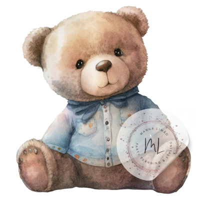 Urso de peluche castanho com casaco azul e selo ML