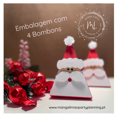 Embalagem natal Pai Natal com 4 bombons em papel vermelho e fundo castanho