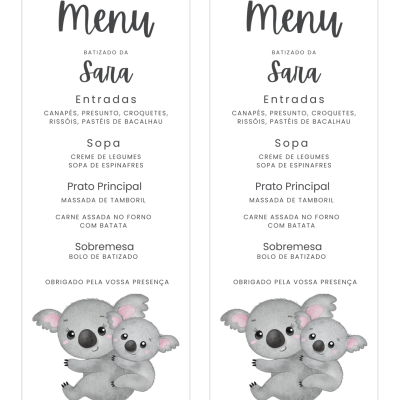 Menu de batizado com texto em preto e ilustração de dois coalas cinzentos