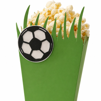 Caixa verde de cartão imitando relva com pipocas e íman de futebol