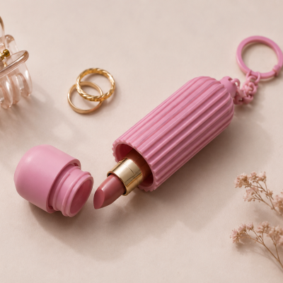 Batom rosa num estojo de plástico rosa com tampa destacada e argola, aneis dourados, presilha transparente e flores secas sobre superfície bege