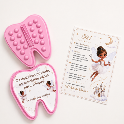 Caixa de dentinho cor-de-rosa em forma de dente com mensagem e carta da fada dos dentes