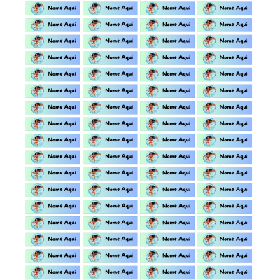 Folha com etiquetas azuis para lápis e canetas com texto Nome Aqui e desenho de menino