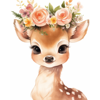 Ilustração de um veado bebé com coroa de flores coloridas