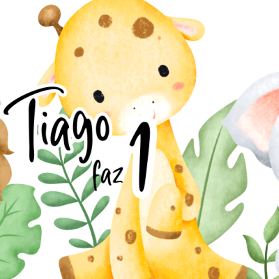 Banner de festa com animais desenhados coloridos e texto 'Tiago faz 1'