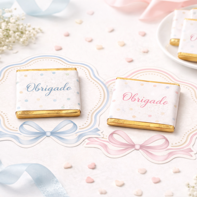 Chocolate embalado com papel branco e bolinhas coloridas com texto Obrigado, sobre etiquetas com laços, flores e fitas decorativas.
