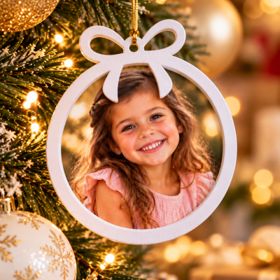 Enfeite de Natal branco com foto de menina pendurado numa árvore verde e iluminada